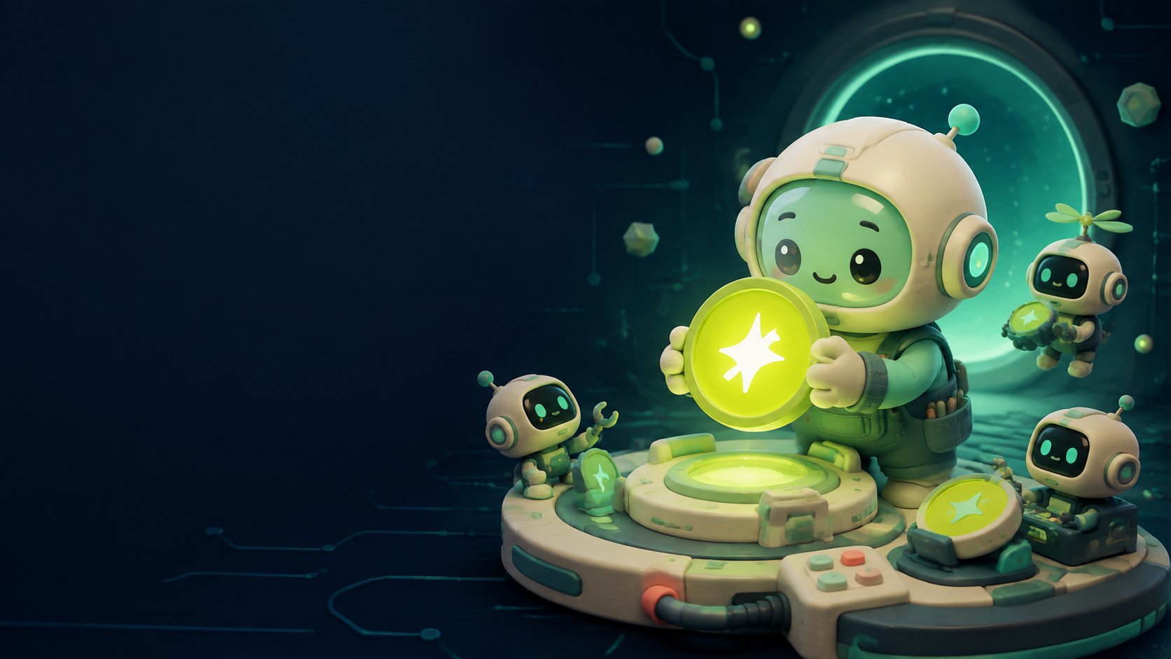 Baby Par and helper bots assembling a glowing token in a digital workshop